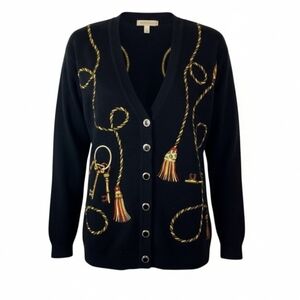 Vtg Cardigan Black Sweater W/ Rope & Keys maximalist Embroidered Design Sz M